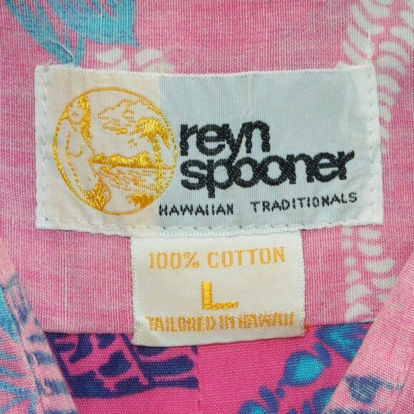 REYN SPOONER Hawaiian Shirt L Vintage, Pink, Button front, Short sleeves - Picture 8 of 9